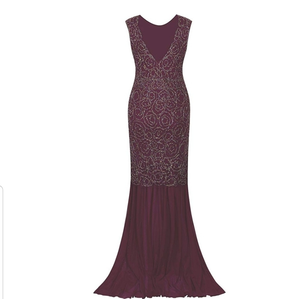 1920s Long V Neck Beaded Sequin Gatsby dress